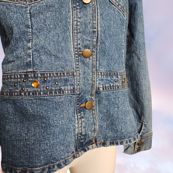 Vtg 90s Y2k Rhinestone Gem Studded Bratz Trendy Collared Denim Jacket Sz 10 - Picture 4 of 8